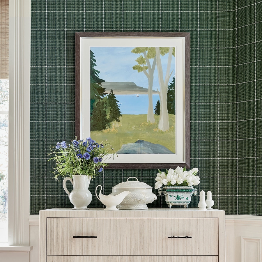 Обои виниловые Thibaut T10202 Grassmarket Check Forest Green коллекции Colony в интерьере