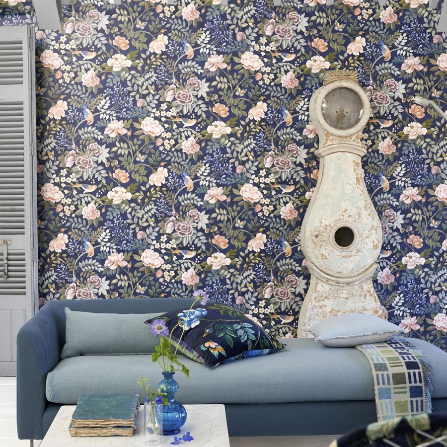 Бархат Designers Guild FDG3016/01 Velours Indigo коллекции Porcelaine de Chine с обоями-компаньонами