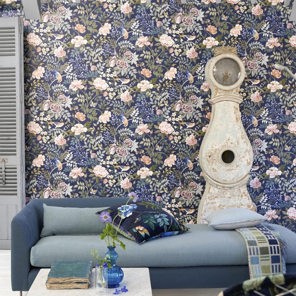 Бархат Designers Guild FDG3016/01 Velours Indigo коллекции Porcelaine de Chine с обоями-компаньонами